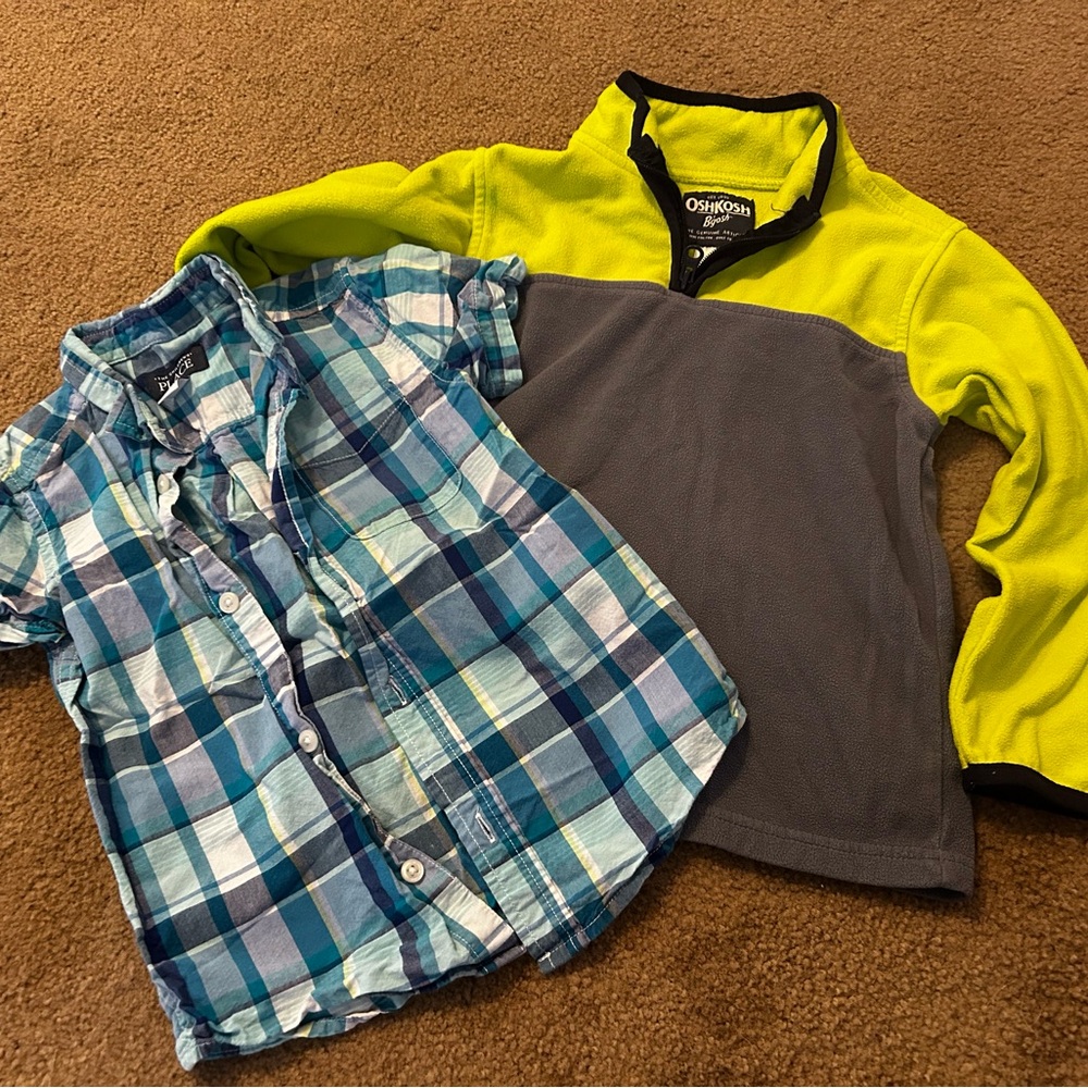 OshKosh B'gosh Blue Plaid Shirt and Neon Yellow Fleece Set